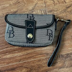 Dooney And Bourke Signature Logo Canvas & Leather Flap Wristlet Black Gray NWT